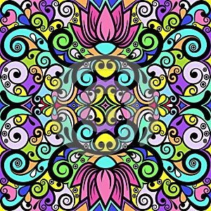 Floral abstract ornament, bright colorful pattern, multicolored background, ethnic tracery, hand drawing. Ornate decoration with