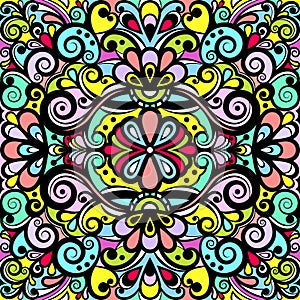 Floral abstract ornament, bright colorful pattern, multicolored background, ethnic tracery, hand drawing. Ornate decoration with