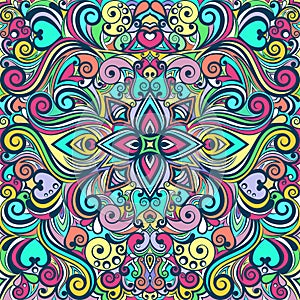 Floral abstract ornament, bright colorful pattern, multicolored background, ethnic tracery, hand drawing. Ornate decoration with