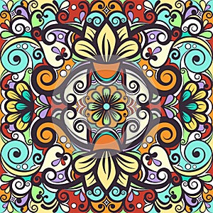 Floral abstract ornament, bright pastel colorful pattern, multicolored background, ethnic swirl tracery, hand drawing. Ornate