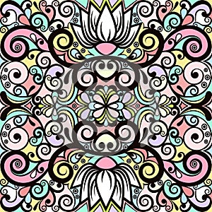 Floral abstract ornament, bright pastel colorful pattern, multicolored background, ethnic swirl tracery, hand drawing. Ornate