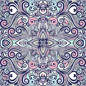 Floral abstract ornament, bright pastel colorful pattern, multicolored background, ethnic swirl tracery, hand drawing. Ornate