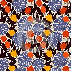 Floral abstract seamless pattern with proteas and monsteras.