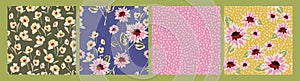 Floral abstract seamless patterns. Retro flowers. Vintage style. Vector design for paper, cover, fabric, interior decor