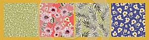 Floral abstract seamless patterns. Retro flowers. Vintage style. Vector design for paper, cover, fabric, interior decor