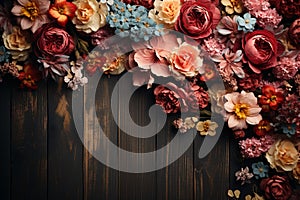 Floral abundance blooms and tag with text on rustic wooden backdrop photo