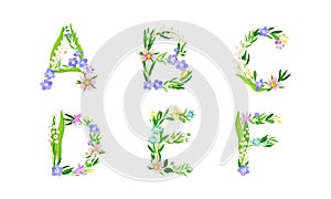 Floral alphabet. A,B,C,D,E,F letters made of spring flowers and leaves vector illustration