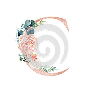 Floral Alphabet - blush / peach color letter C with flowers bouquet composition