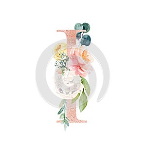 Floral Alphabet - blush / peach color letter I with flowers bouquet composition