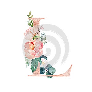 Floral Alphabet - blush / peach color letter L with flowers bouquet composition