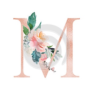 Floral Alphabet - blush / peach color letter M with flowers bouquet composition