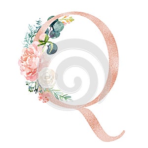 Floral Alphabet - blush / peach color letter Q with flowers bouquet composition photo