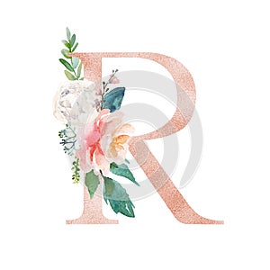 Floral Alphabet - blush / peach color letter R with flowers bouquet composition