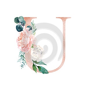 Floral Alphabet - blush / peach color letter U with flowers bouquet composition