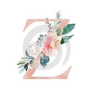 Floral Alphabet - blush / peach color letter Z with flowers bouquet composition
