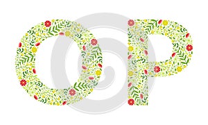 Floral Alphabet Capital Letter Arranged of Floret and Green Leaf Vector Set
