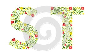 Floral Alphabet Capital Letter Arranged of Floret and Green Leaf Vector Set