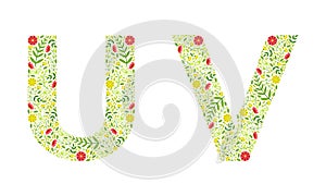 Floral Alphabet Capital Letter Arranged of Floret and Green Leaf Vector Set