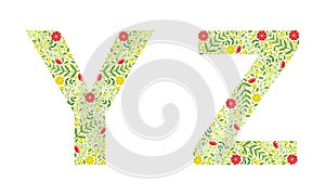 Floral Alphabet Capital Letter Arranged of Floret and Green Leaf Vector Set