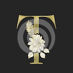 Floral alphabet and gold serif letter. Vector.