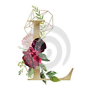 Floral Alphabet - letter L with flowers bouquet composition and delicate gold geometric shape crystal