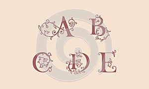 Floral alphabet logo set. Rose flowers in design. Delicate monograms for wedding, boutique, flower business, fashion