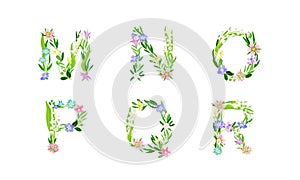 Floral alphabet. M,N,O,P,Q,R letters made of spring flowers and leaves vector illustration