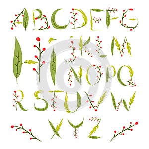 Floral alphabet made of red berries and leaves. Hand drawn summer forest abc. Nature letters. Flat vector illustrated design
