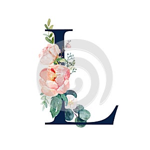 Floral Alphabet - navy color letter L with flowers bouquet composition