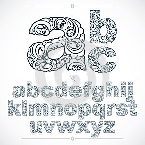 Floral alphabet sans serif letters drawn using abstract vintage