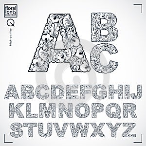 Floral alphabet sans serif letters drawn using abstract vintage