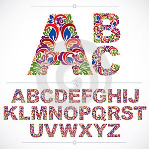 Floral alphabet sans serif letters drawn using abstract vintage