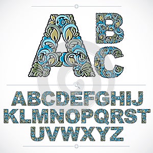 Floral alphabet sans serif letters drawn using abstract vintage