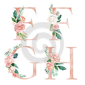 Floral Alphabet Set - letters E, F, G, H, with flowers bouquet composition