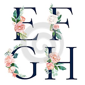 Floral Alphabet Set - set of navy letters E, F, G, H with flowers bouquet composition