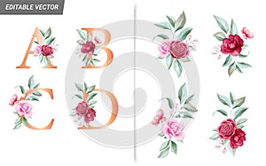 Floral alphabet set with watercolor flowers elements. Letters A, B, C, D with watercolor botanical composition. Flower bouquet
