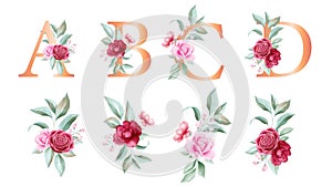Floral alphabet set with watercolor flowers elements. Letters A, B, C, D with watercolor botanical composition. Flower bouquet