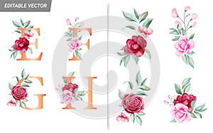 Floral alphabet set with watercolor flowers elements. Letters E, F, G, H with watercolor botanical composition. Flower bouquet