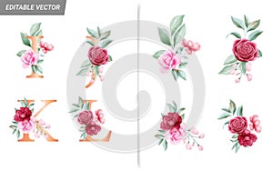 Floral alphabet set with watercolor flowers elements. Letters I, J, K, L with botanical arrangements composition. Flower bouquet