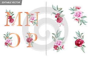 Floral alphabet set with watercolor flowers elements. Letters M, N, O, P with botanical arrangements composition. Flower bouquet