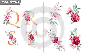 Floral alphabet set with watercolor flowers elements. Letters Q, R, S, T with botanical arrangements composition. Flower bouquet