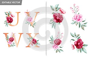 Floral alphabet set with watercolor flowers elements. Letters U, V, W, X with botanical arrangements composition. Flower bouquet