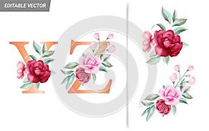 Floral alphabet set with watercolor flowers elements. Letters Y, Z with botanical arrangements composition. Flower bouquet