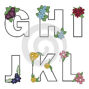 Floral alphabet vector isolated letters with flowers blossom illustration on white background.