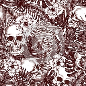 Floral anatomy. Halloween tropical vintage seamless pattern. Creppy jungle skull background.