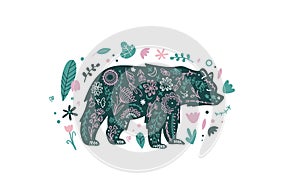 Floral animal bear emblem. Forest scandi animal illustration. Vector funky print with bear animal in simple minimal