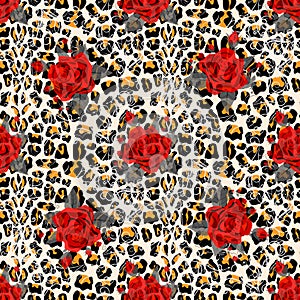 Floral animal seamless  design print. Leopard texture and flower bouquets. Red rose, burgundy red peony, white anemone,