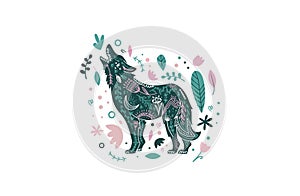 Floral animal wolf emblem. Forest scandi animal illustration. Vector funky print with wolf animal in simple minimal