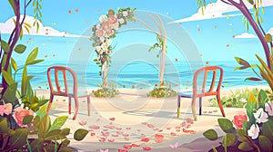 Floral archway and chairs stand on ocean sandy shore with petals scattered. Gate with flowers for marriage matrimony photo