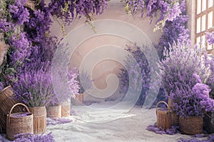 Floral archway in a rustic interior setting